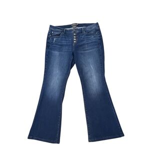 Torrid Flare Leg Jeans Distressed Blue Denim Button Front Medium Wash Mid Rise
